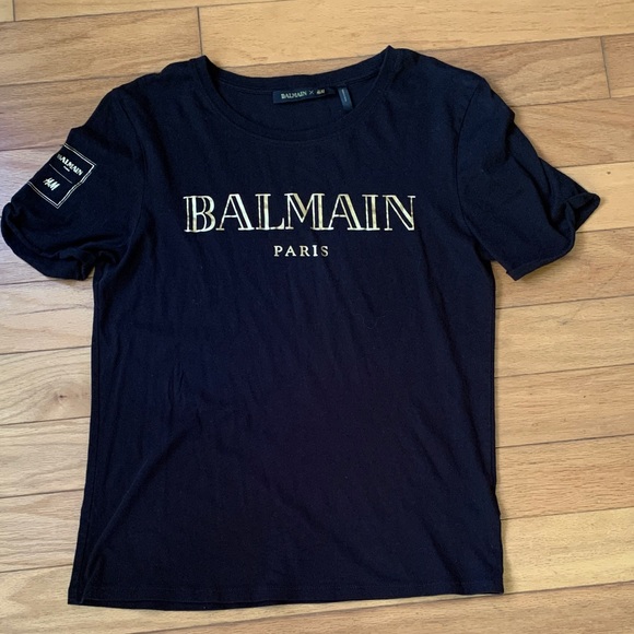 Balmain &Hm Black Tee with Gold Logo - Picture 1 of 4